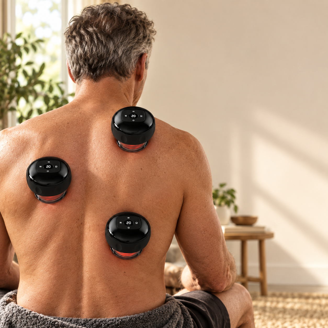 Adult using three Zorae Smart Cuppers across the back