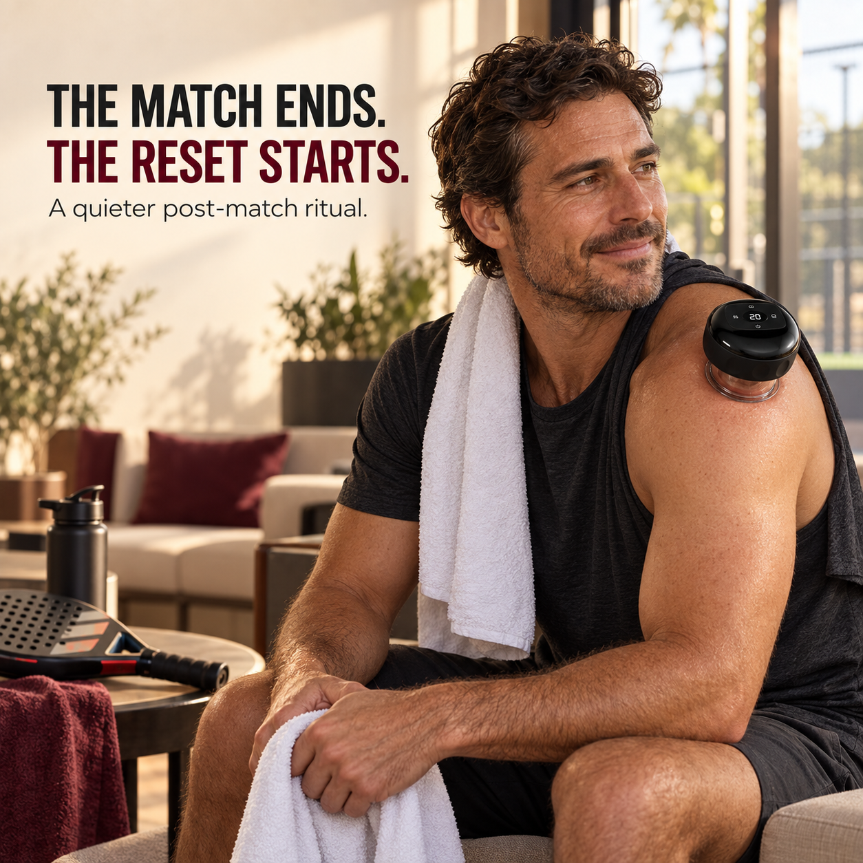 Racket-sport player using the Zorae Smart Cupper on his shoulder after a match