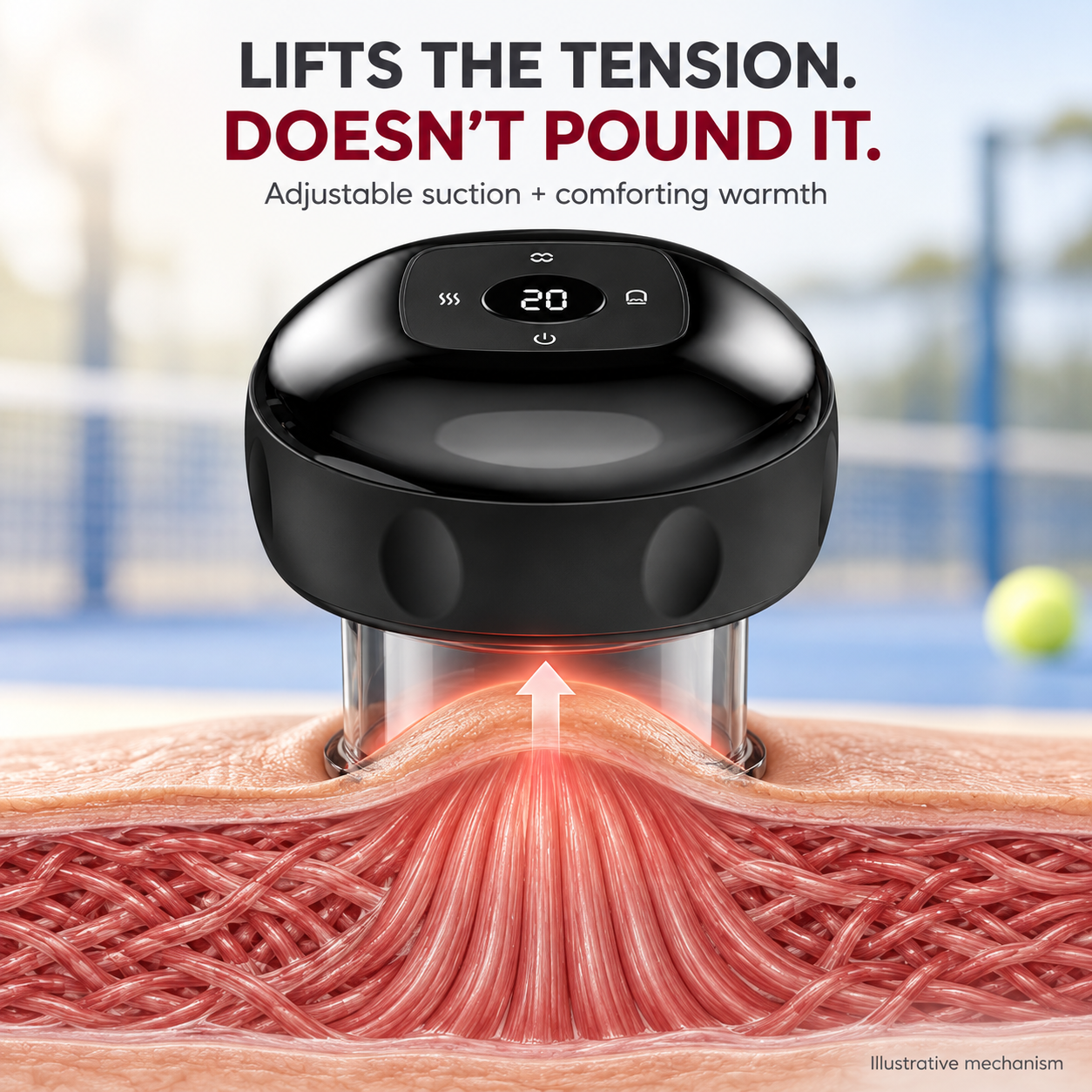 Illustrated suction mechanism showing the Zorae Smart Cupper lifting tissue instead of pounding it
