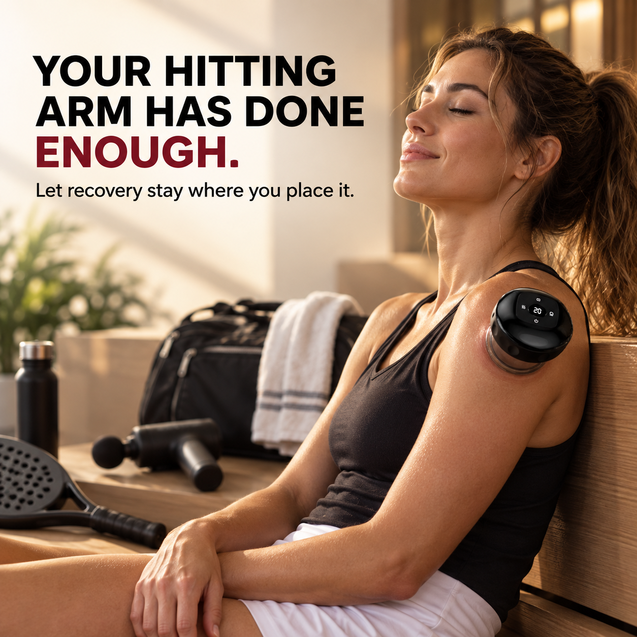 Player resting her hitting arm while a Zorae Smart Cupper stays on her shoulder