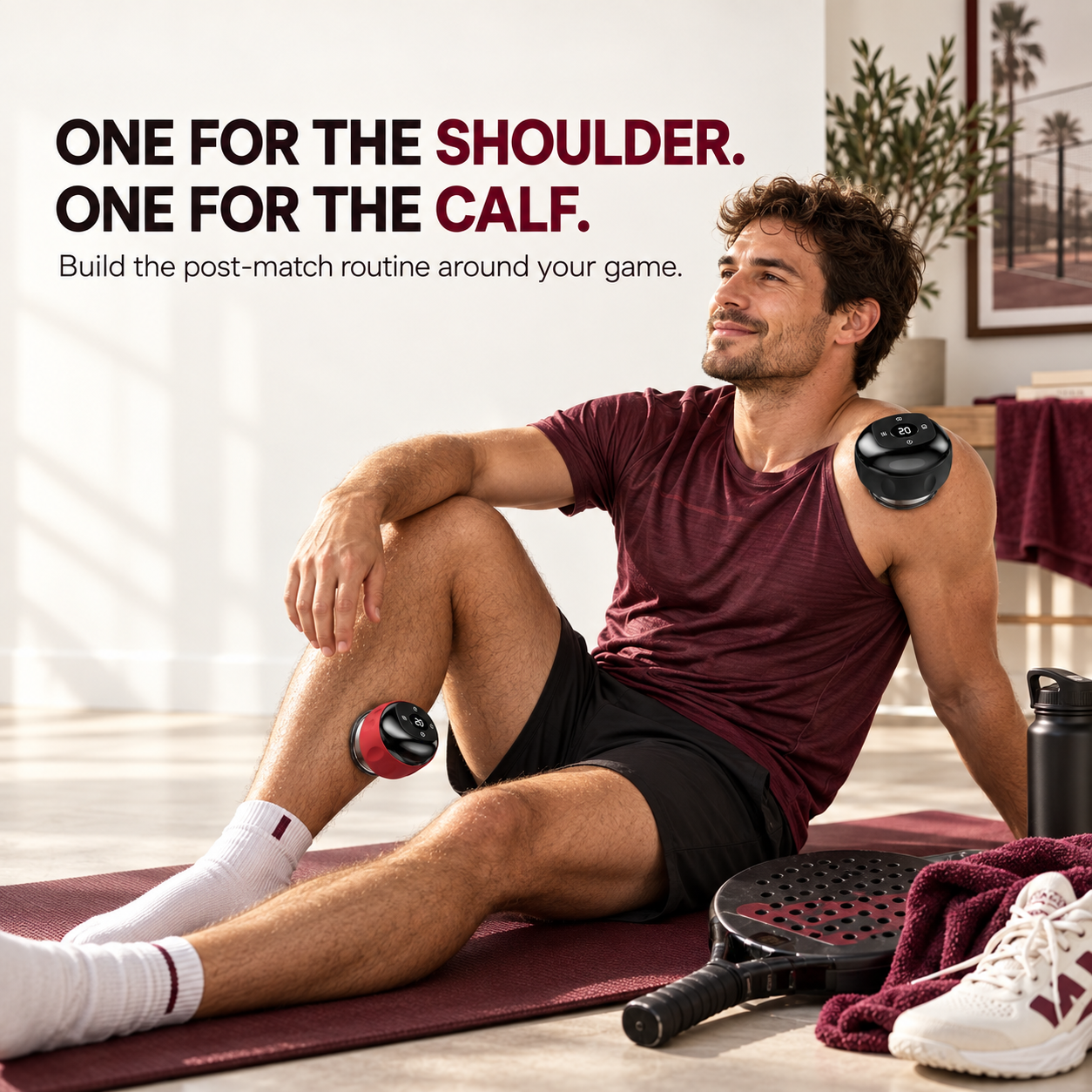 Racket-sport player using two Zorae Smart Cuppers on the shoulder and calf after play