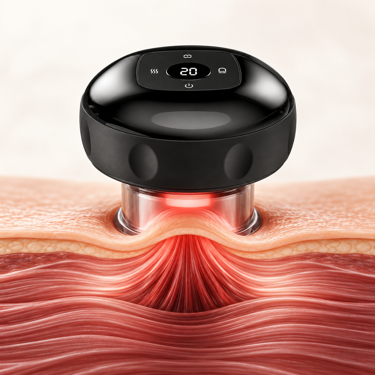 Illustration of the Smart Cupper lifting skin and superficial tissue above relaxed muscle fibers