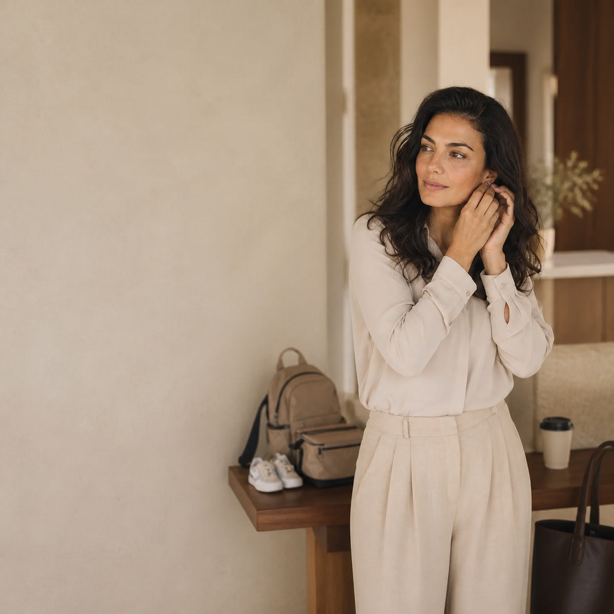 A working mother with soft waves getting ready beside a school bag, lunchbox and work tote