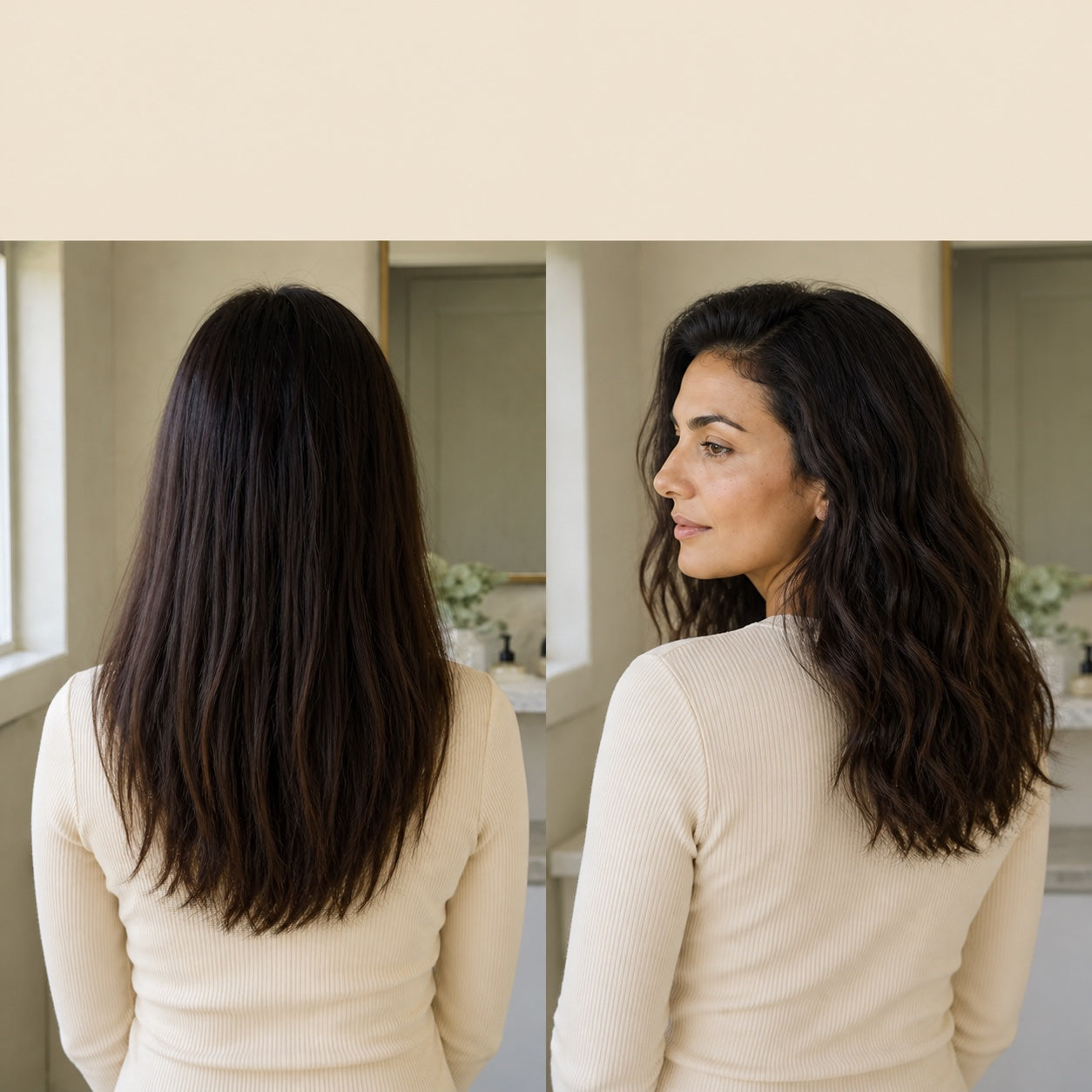 A restrained side-by-side comparison of the same woman before and after styling into soft waves