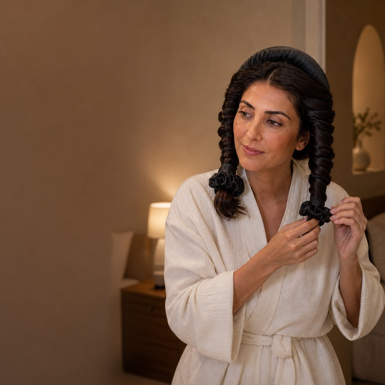 A woman demonstrating how the black curling rod sits across the crown with hair wrapped around both sides