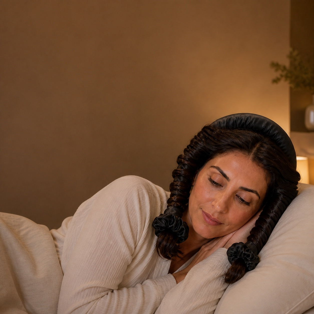 A woman resting on a pillow while wearing the black padded curling rod around her hair