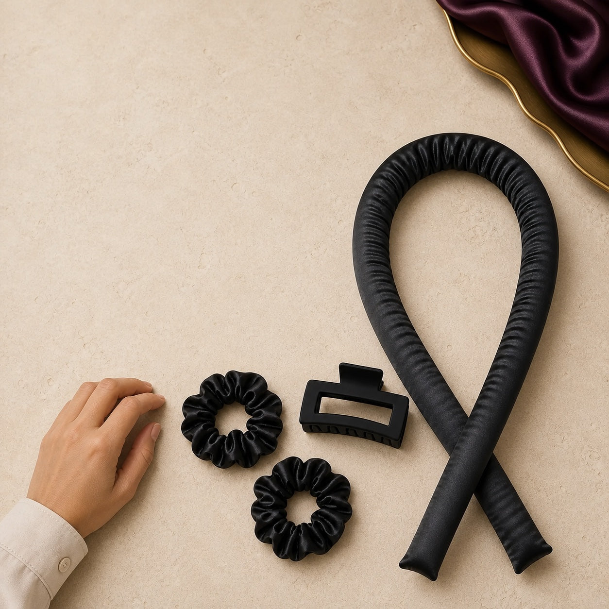 The complete black overnight curling set with one rod, two scrunchies and one claw clip