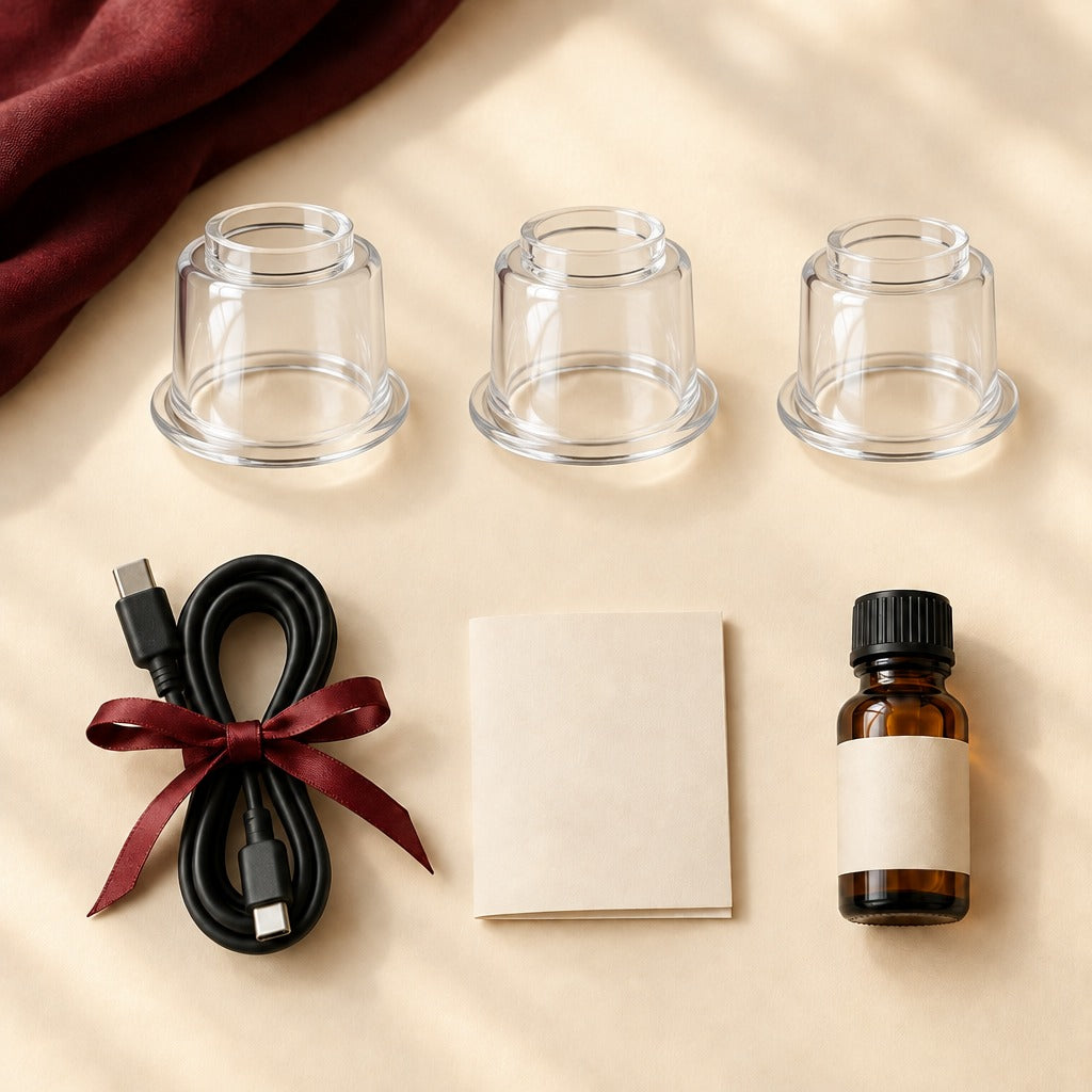 Three cupping and gua sha heads with a bottle of essential oil