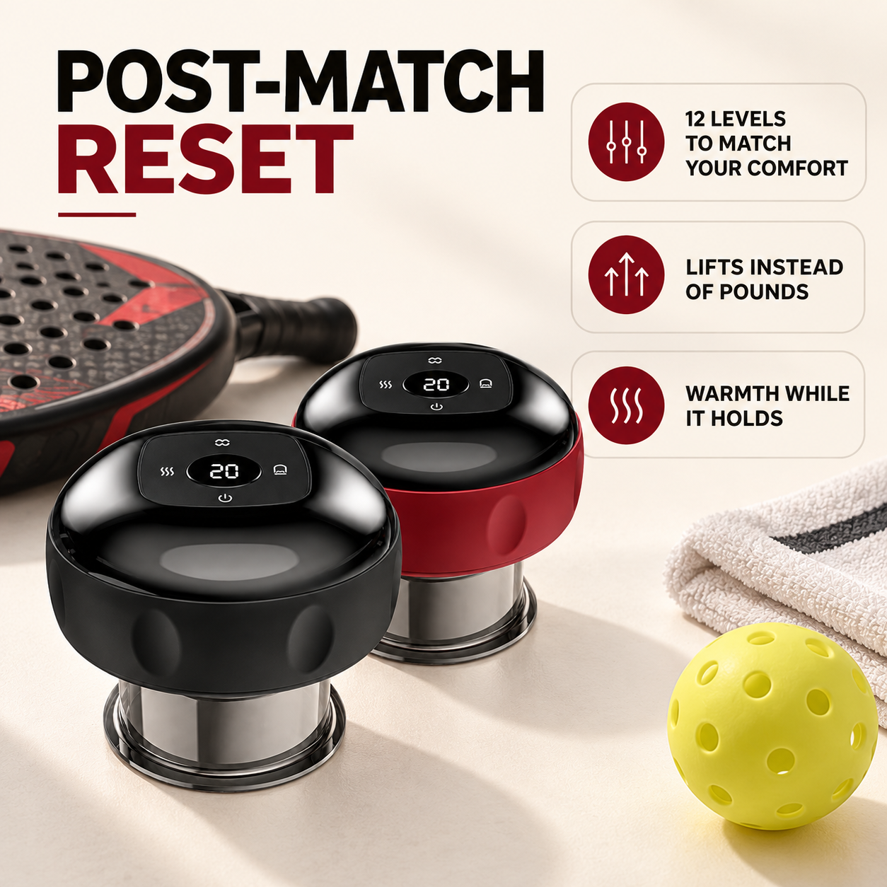 Black and red Zorae Smart Cuppers beside racket-sport equipment with three post-match benefits