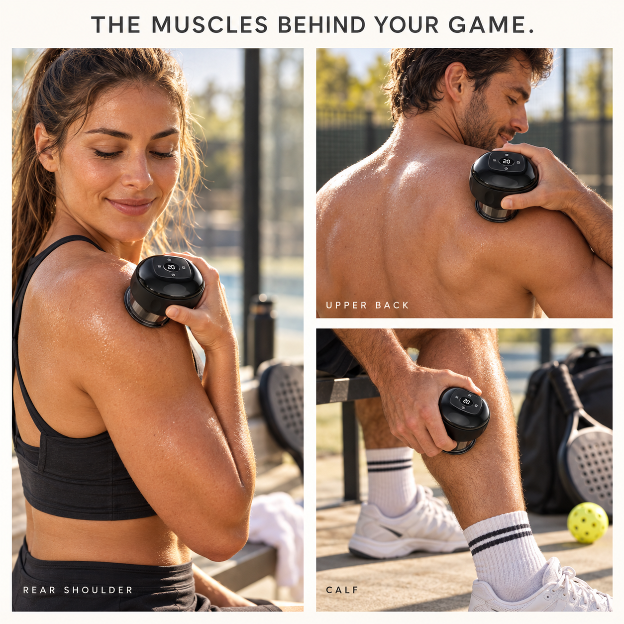 Racket-sport players using the Zorae Smart Cupper on the shoulder, upper back and calf