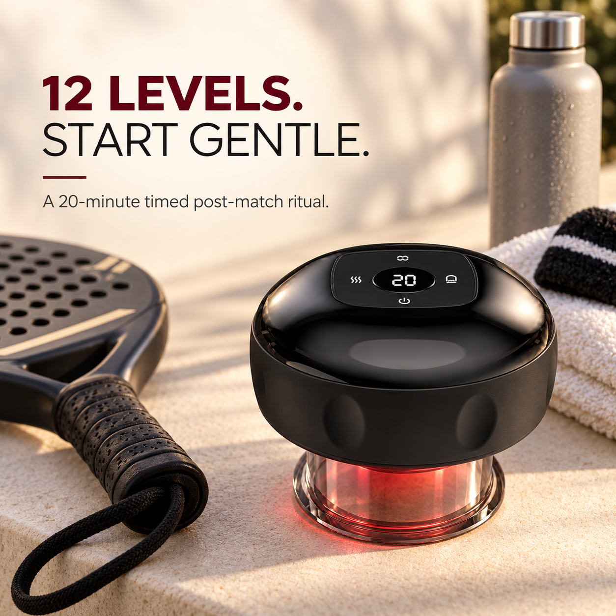 Zorae Smart Cupper control panel highlighting 12 adjustable levels and a gentle starting setting