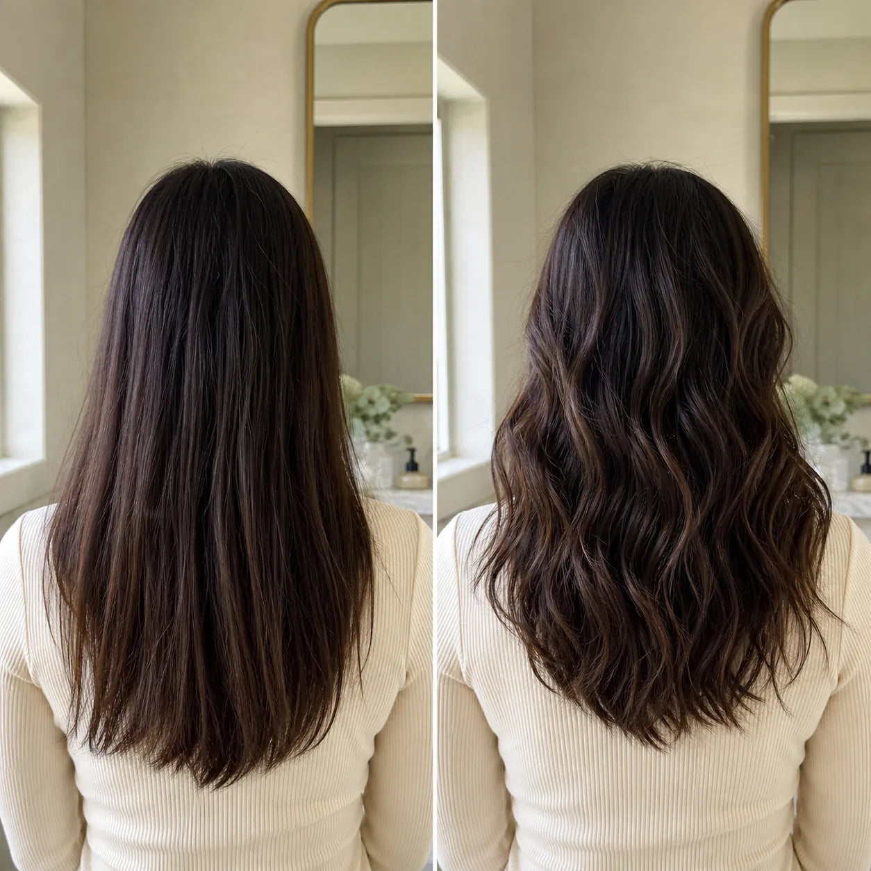 An illustrative comparison of straight dark hair and soft realistic waves